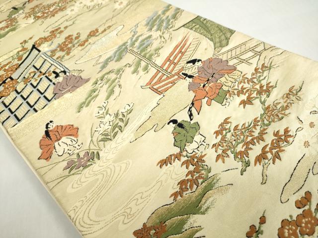 平和屋着物◎六通柄袋帯 平安人物風景草花文 金糸 正絹 逸品 DABF1012ud
