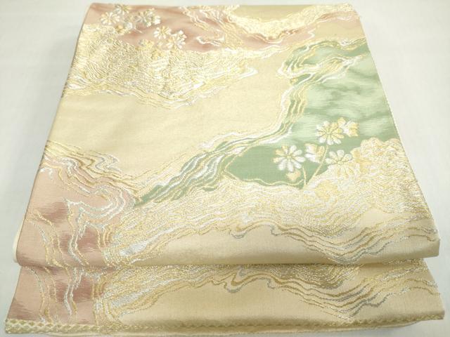 平和屋着物◎六通柄袋帯 流水草花文 金銀糸 正絹 逸品 DABF1022ud