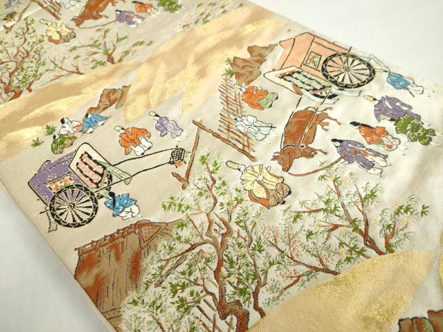 平和屋着物◎六通柄袋帯 御所車人物風景文 金銀糸 正絹 逸品 DABF1033ud