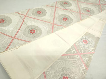 平和屋着物◎六通柄袋帯　正倉院孔雀羽文　プラチナ箔二重織　正絹　逸品　DABF1035ud