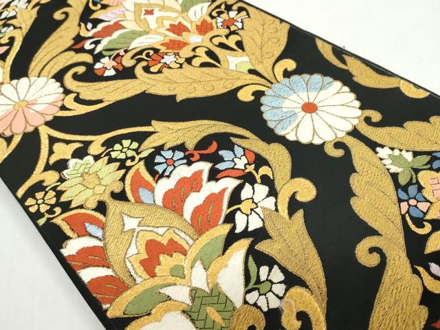 平和屋着物◎六通柄袋帯 洋花文 黒地 金糸 正絹 逸品 DABF1039ud