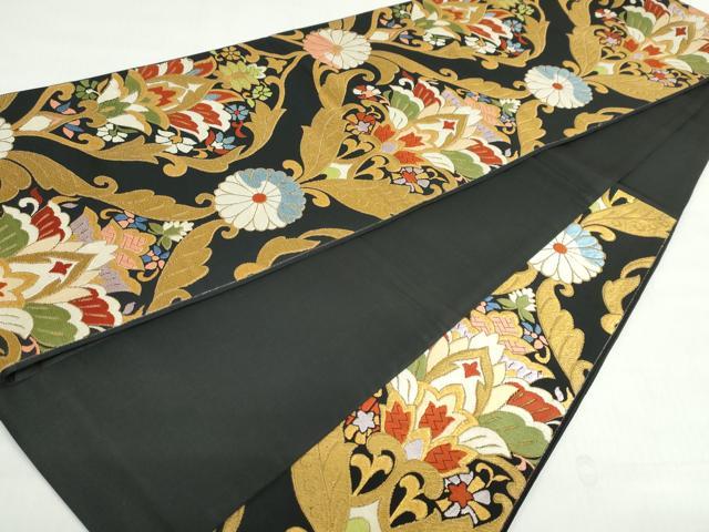 平和屋着物◎六通柄袋帯 洋花文 黒地 金糸 正絹 逸品 DABF1039ud