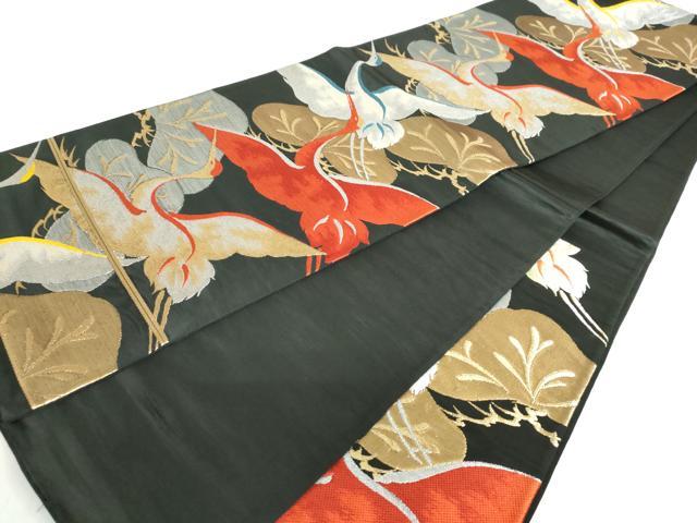 平和屋着物◎六通柄袋帯 飛鶴松文 黒地 金銀糸 正絹 逸品 DABF1040ud