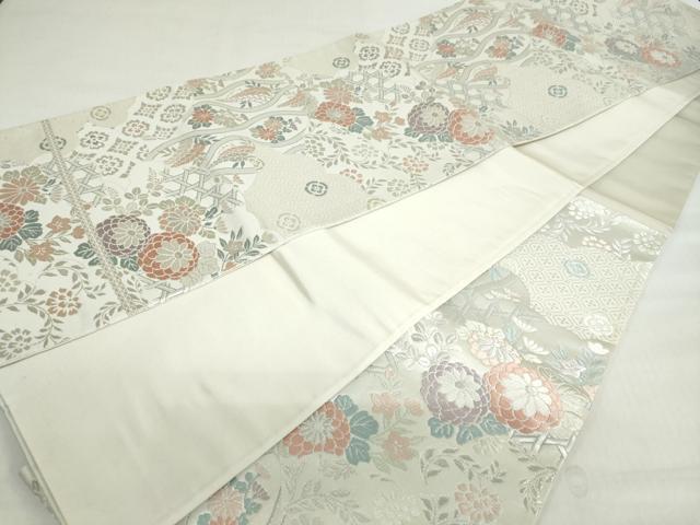 平和屋着物◎六通柄袋帯　唐織　雲取り草花文　銀糸　正絹　逸品　DABF1042ud