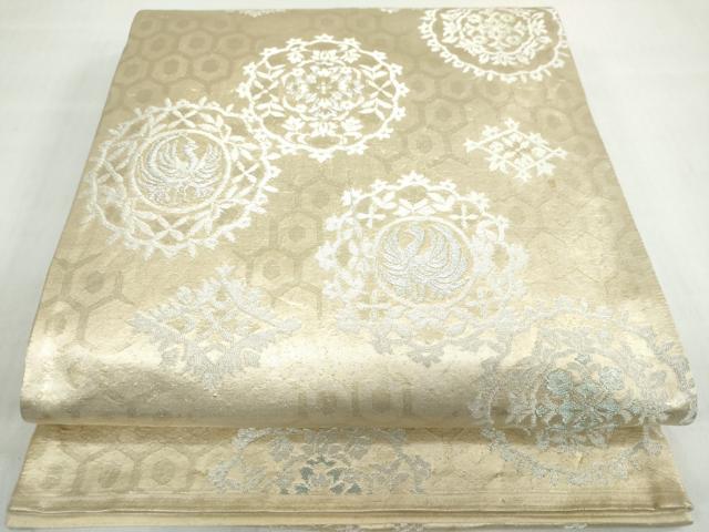 平和屋着物◎六通柄袋帯 花鳥文 銀糸 正絹 逸品 DABF1051ud
