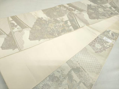 平和屋着物◎六通柄袋帯 煌きのオパール 雲取り几帳花鳥文 正絹 逸品 DABF1053ud