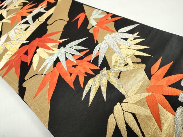 平和屋着物◎六通柄袋帯　笹竹文　黒地　金銀糸　正絹　逸品　DABF1058ud