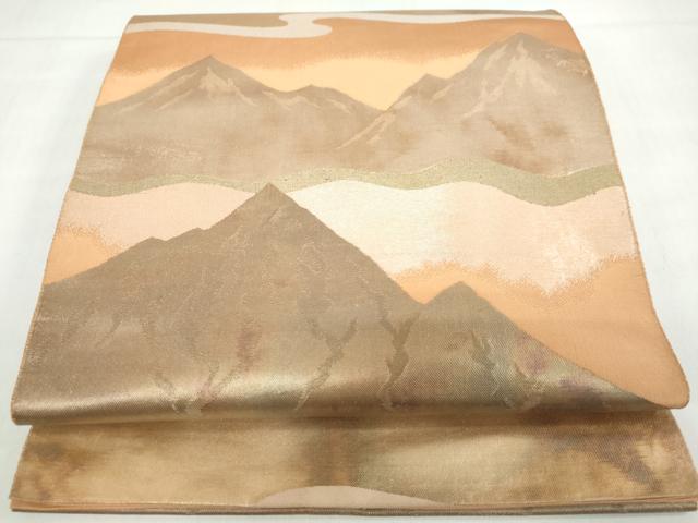 平和屋着物◎西陣　服部織物謹製　こはく錦　六通柄袋帯　遠山風景文　引箔　正絹　逸品　DABF1061ud