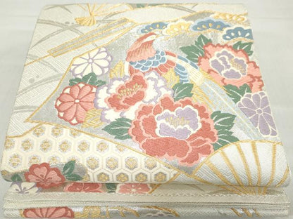 平和屋着物◎佐賀錦　六通柄袋帯　唐織　扇面花鳥文　金銀糸　正絹　逸品　DABF1064ud