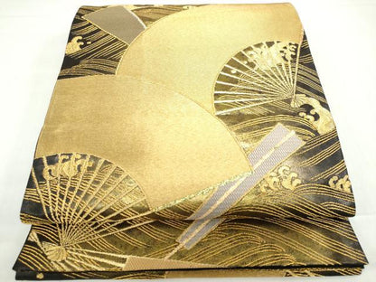 平和屋着物◎六通柄袋帯 扇面立波文 金糸 正絹 逸品 DABF1072ud