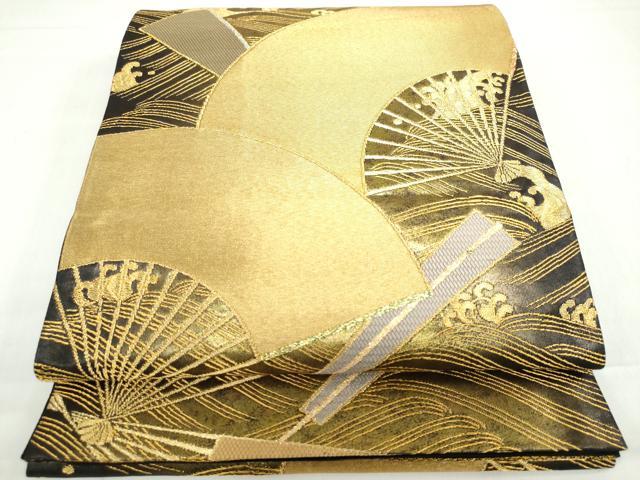 平和屋着物◎六通柄袋帯 扇面立波文 金糸 正絹 逸品 DABF1072ud