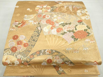 平和屋着物◎六通柄袋帯 流水扇面花鳥文 金糸 正絹 逸品 DABF1082ud