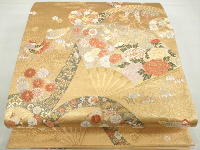 平和屋着物◎六通柄袋帯 流水扇面花鳥文 金糸 正絹 逸品 DABF1082ud