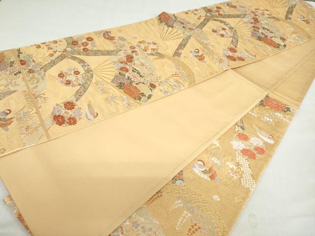 平和屋着物◎六通柄袋帯 流水扇面花鳥文 金糸 正絹 逸品 DABF1082ud