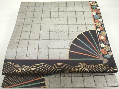 平和屋着物◎太鼓柄袋帯 唐織 扇面立波草花文 金糸 正絹 逸品 DABF1094ud