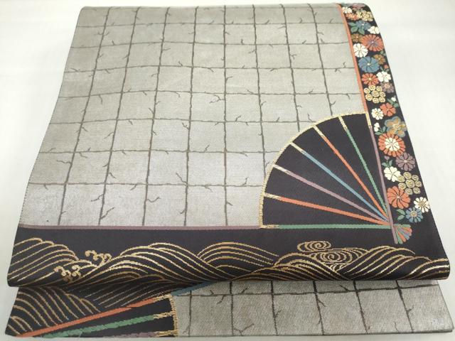 平和屋着物◎太鼓柄袋帯 唐織 扇面立波草花文 金糸 正絹 逸品 DABF1094ud