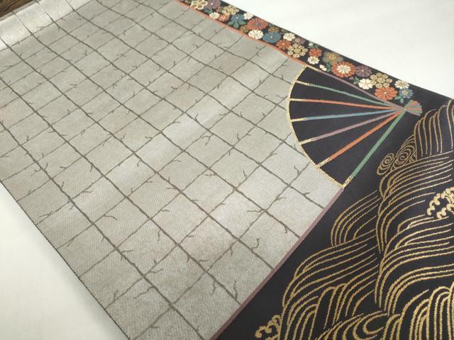 平和屋着物◎太鼓柄袋帯 唐織 扇面立波草花文 金糸 正絹 逸品 DABF1094ud