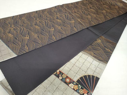 平和屋着物◎太鼓柄袋帯 唐織 扇面立波草花文 金糸 正絹 逸品 DABF1094ud