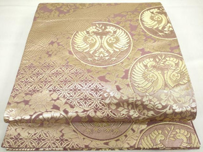 平和屋着物◎六通柄袋帯　向かい鳥吉祥草花文　金糸　正絹　逸品　DABF1114ud