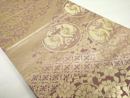 平和屋着物◎六通柄袋帯　向かい鳥吉祥草花文　金糸　正絹　逸品　DABF1114ud