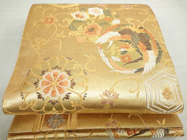 平和屋着物◎六通柄袋帯 琥珀つづれ 鳳凰花唐草文 金銀糸 正絹 逸品 DABF1120ud