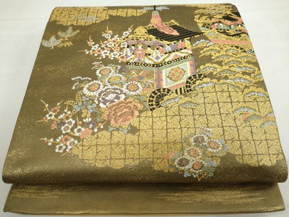 平和屋着物◎西陣 六通柄袋帯 古典泥錦 雲取り人物草花文 金糸 正絹 逸品 DABF1125ud