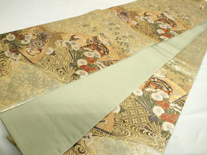 平和屋着物◎六通柄袋帯 流水扇面貝桶文 金糸 正絹 逸品 DABF1130ud