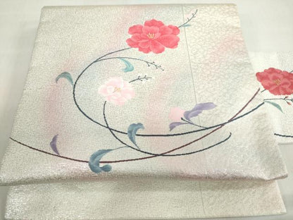 平和屋着物◎九寸名古屋帯 草花文 銀糸 正絹 逸品 DABF1138ud
