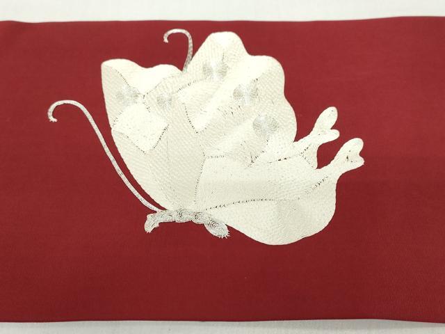 平和屋着物◎塩瀬 九寸名古屋帯 総刺繍 舞蝶文 銀糸 正絹 逸品 DABF1141ud