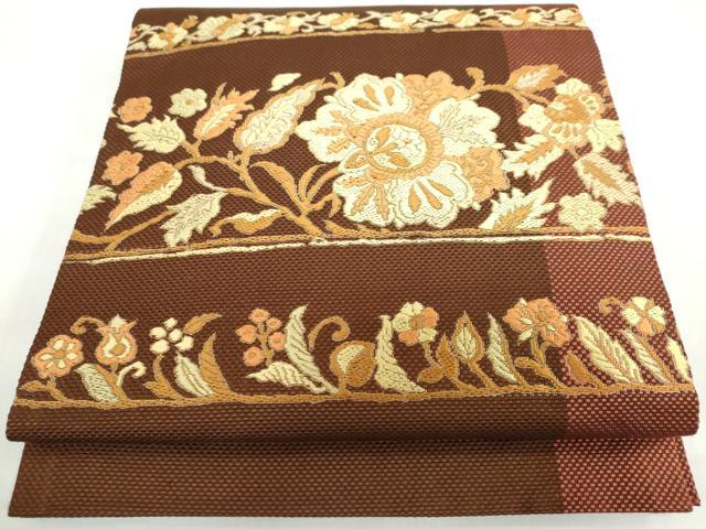 平和屋着物◎本場筑前博多織　九寸開き名古屋帯　横段草花文　正絹　逸品　DABF1143ud