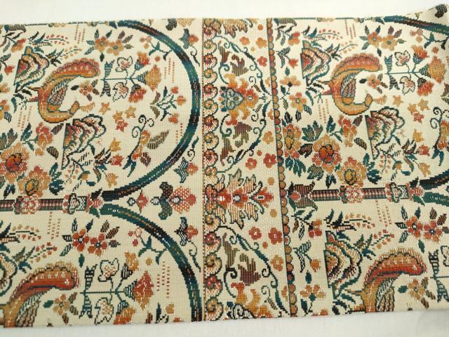 平和屋着物◎全通柄八寸名古屋帯　花鳥文　正絹　逸品　DABF1144ud