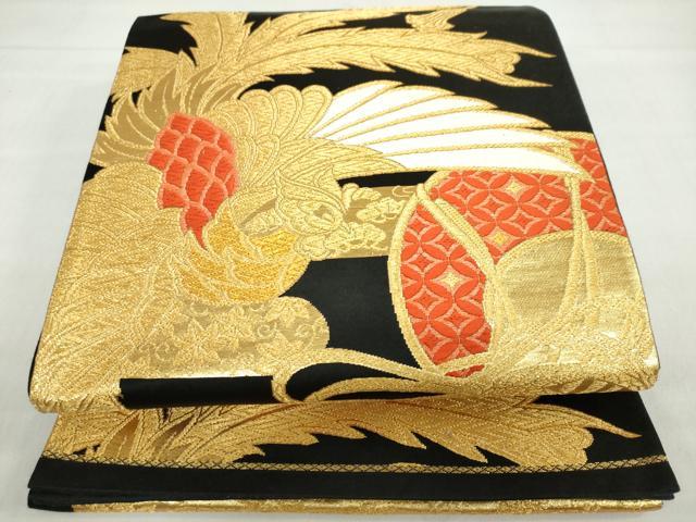 平和屋着物◎六通柄袋帯　鼓鳳凰草花文　黒地　金糸　正絹　逸品　DABF1149ud