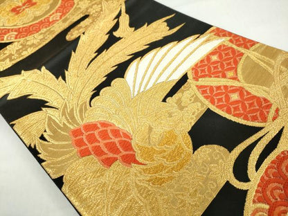 平和屋着物◎六通柄袋帯　鼓鳳凰草花文　黒地　金糸　正絹　逸品　DABF1149ud