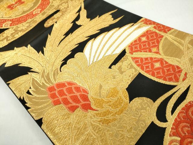 平和屋着物◎六通柄袋帯　鼓鳳凰草花文　黒地　金糸　正絹　逸品　DABF1149ud
