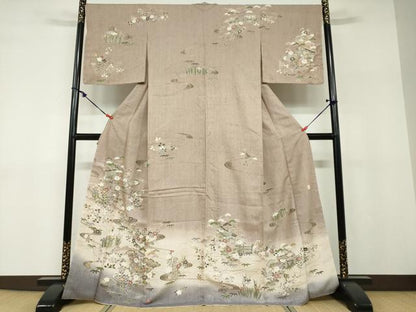 平和屋着物●訪問着　作家物　紬地　流水風景草花文　やまと誂製　正絹　逸品　未使用　DABF1159ud