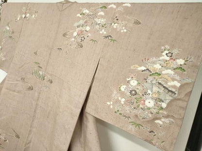 平和屋着物●訪問着　作家物　紬地　流水風景草花文　やまと誂製　正絹　逸品　未使用　DABF1159ud