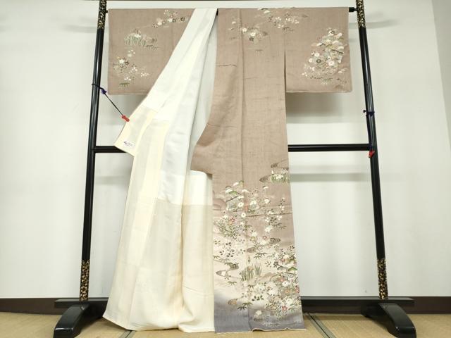 平和屋着物●訪問着　作家物　紬地　流水風景草花文　やまと誂製　正絹　逸品　未使用　DABF1159ud