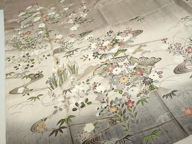 平和屋着物●訪問着　作家物　紬地　流水風景草花文　やまと誂製　正絹　逸品　未使用　DABF1159ud