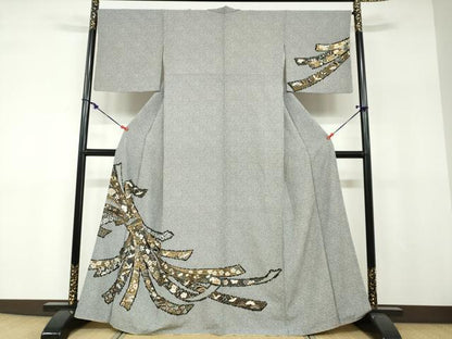 平和屋着物●訪問着　束ね熨斗花鳥文　黒地　金彩　正絹　逸品　DABF1172ud