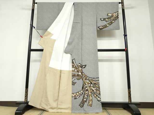 平和屋着物●訪問着　束ね熨斗花鳥文　黒地　金彩　正絹　逸品　DABF1172ud