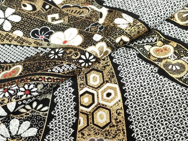 平和屋着物●訪問着　束ね熨斗花鳥文　黒地　金彩　正絹　逸品　DABF1172ud