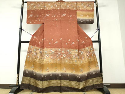 平和屋着物●訪問着　横段吉祥草花文　暈し染め　金彩　正絹　逸品　未使用　DABF1182ud