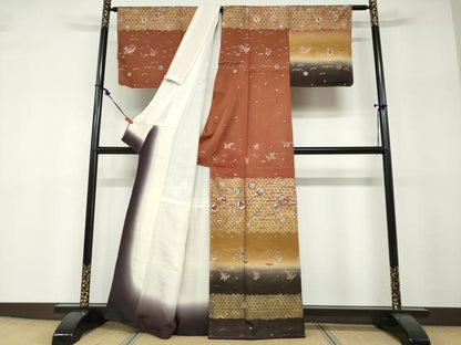 平和屋着物●訪問着　横段吉祥草花文　暈し染め　金彩　正絹　逸品　未使用　DABF1182ud