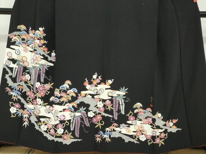 平和屋着物●訪問着　作家物　雲取り吉祥草花文　黒地　金彩　正絹　逸品　DABF1190ud