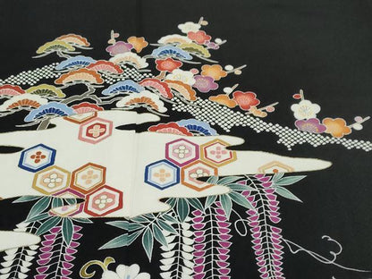 平和屋着物●訪問着　作家物　雲取り吉祥草花文　黒地　金彩　正絹　逸品　DABF1190ud