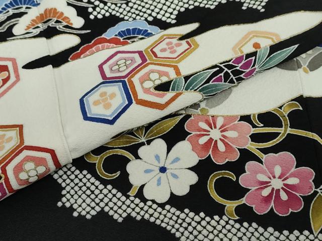 平和屋着物●訪問着　作家物　雲取り吉祥草花文　黒地　金彩　正絹　逸品　DABF1190ud