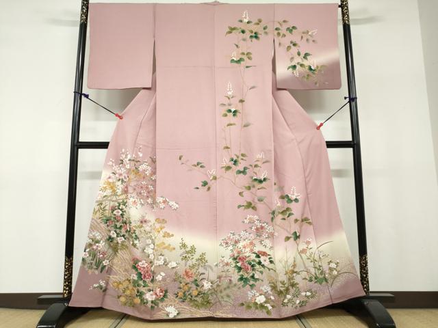 平和屋着物●訪問着　流水草花文　暈し染め　金彩　正絹　逸品　DABF1200ud