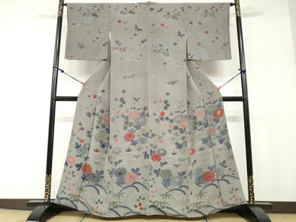 平和屋着物●訪問着　型染め　流水花鳥文　鬼しぼ縮緬　正絹　逸品　DABF1204ud