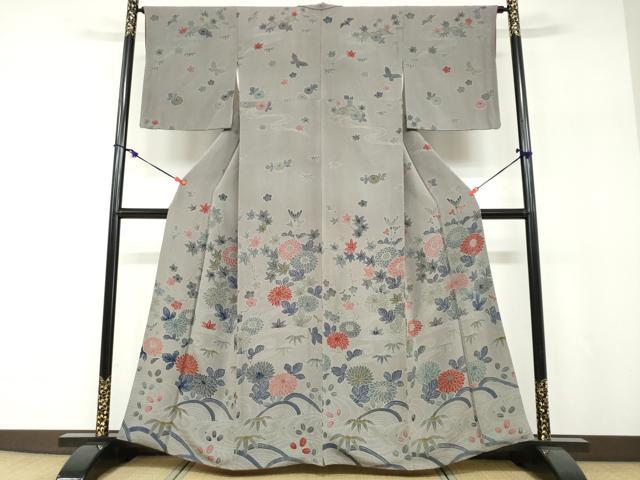 平和屋着物●訪問着　型染め　流水花鳥文　鬼しぼ縮緬　正絹　逸品　DABF1204ud