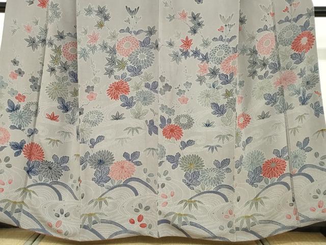 平和屋着物●訪問着　型染め　流水花鳥文　鬼しぼ縮緬　正絹　逸品　DABF1204ud